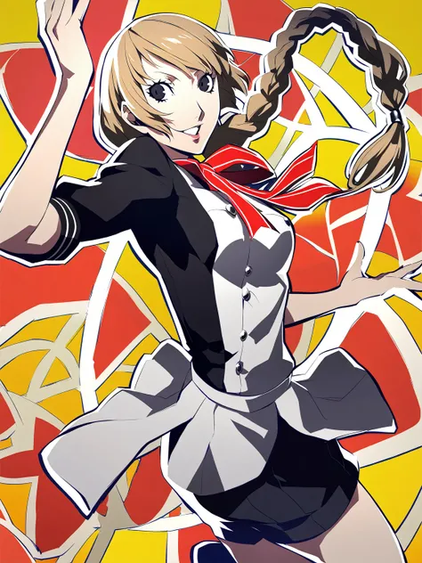 beautiful idol girl, long braids, light brown hair, black eyes, teen, Persona5 character, Taiga Asaki chef-d&#39;œuvre, meilleure qualité, pose dynamic, pretty, lavender color, side bangs