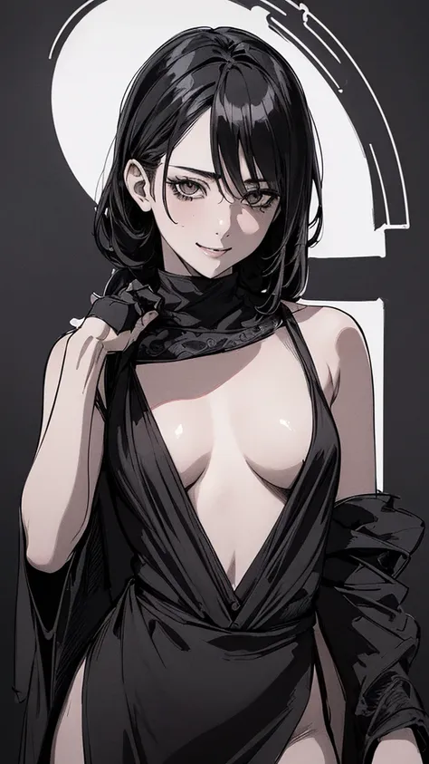 Best Quality, (background details), high contrast, very beautiful woman, detailed original illustration, functional, Kunoichi, ninja costume, black hair, delicate face, charm, bad girl,sexy, real breasts, small breasts, crazy smile, crazy eyes, black backg...