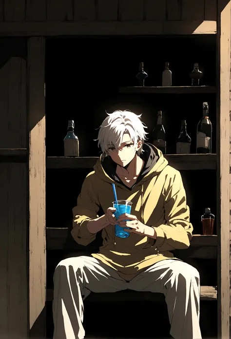 A young man with white hair hooded, sitting in an old bar drinking water.