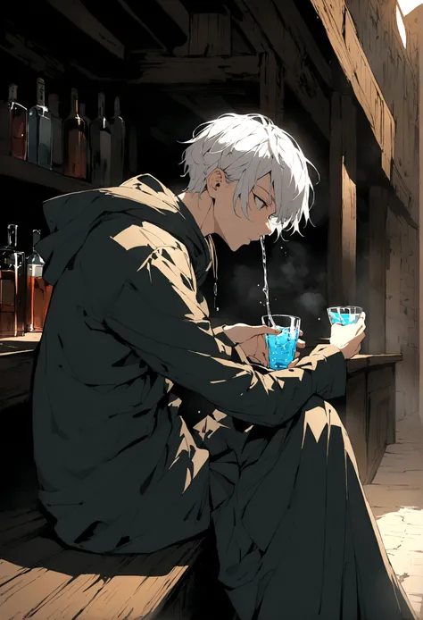 A young man with white hair hooded, sitting in an old bar drinking water.