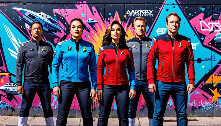 A street art depiction of the five Starfleet captains, with graffiti elements, bold colors, and an urban, edgy feel., Hyper-realistic, vibrant colors, 16k