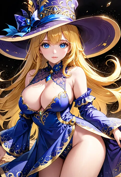 (( straight face picture )) ((best quality)),  ((Masterpiece)), (details), Young woman , yellow hair , Dirt. , blue eyes ,Blue purple set, Gold pattern, wearing a big brimmed hat , Magician , The dress is very beautiful. ,long dress ,big breasts ,Big butt