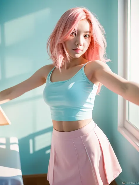 (masterpiece:1.3), (8 thousand, realistic, RAW photos, best quality: 1.4), (1 woman), Beautiful body, pink hair , cute model girl, sexy expression, slim a perfect figure, short blue skirt, white crop top , Selfie, room , sunlight touching 