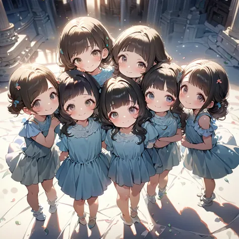 masterpiece, ultra detailed, 8K, full body shot,, a girl, kawaii, light atmosphere, (Cute 4girls:1.5), (Four sisters, the eldest in the middle, surrounded by her younger sisters, all smiling.s :1.4), anime visual, (tilt head:1.3), extremely delicate face, ...