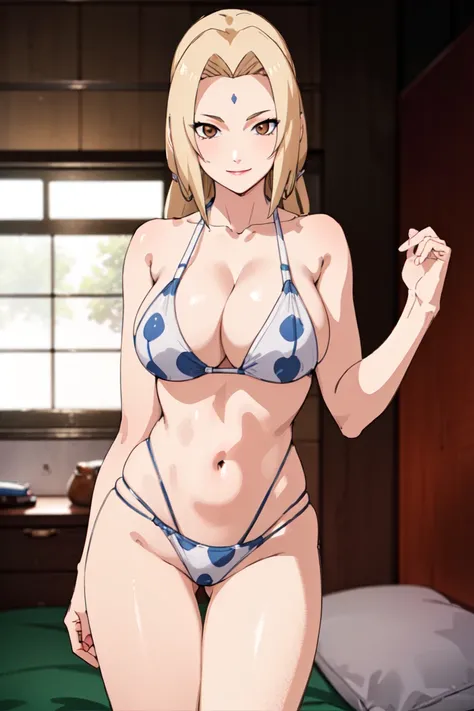 tsunade, brown eyes , blonde hair , forehead mark 
BREAK  ,    , navel , leopard print bikini , big breasts, wide hips , milf body ,((( bedroom))) , smile 
BREAK , cowboy pose , standing straight , 
BREAK looking at viewer, (cowboy shot:1.5),
BREAK (master...