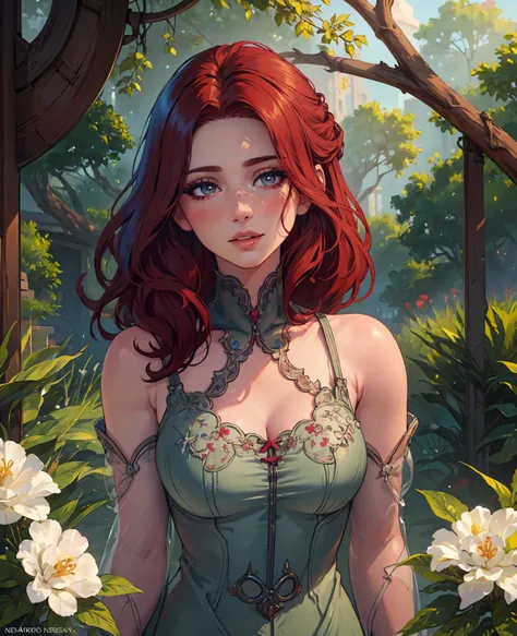 a redheaded girl in a lush garden, beautiful detailed eyes, beautiful detailed lips, extremely detailed eyes and face, long eyel...