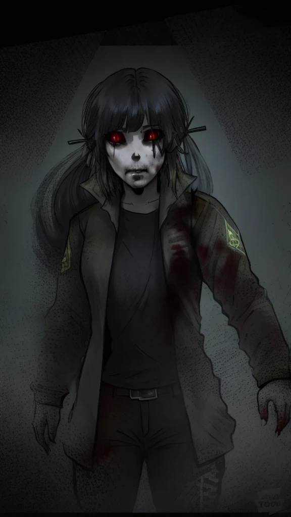 Zombie soldier woman with long dark hair.