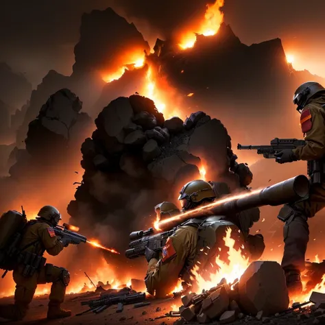 soldiers in uniform with weapons and helmets are in front of a fire, an escalating violent firefight, realistic apocalyptic war scene, powerful explosions, explosions and smoke, dark color. explosions, battlefield backround, huge explosions everywhere, bat...