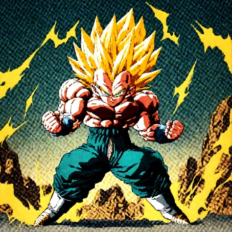 1boy, Vegeta, from Dragon Ball Z, Vv2essjnss, yellow hair, spiked hair, green eyes, male focus, straddle stance, (huge muscles:1.5), full body, yellow aura, electricity, Dragon Ball Z artstyle, in the style of Akira Toriyama, white tiled floor, outdoors, f...