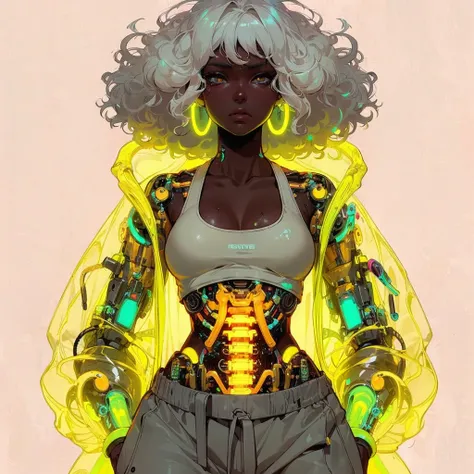 line-less manga style, anime semi realistic,  Baroque Anime Style, African American_female, mature facial features, wet curly white hair, heavy-lidded eyes, semi realistic, anime, neon yellow details, see-through yellow lava lamp abdomen, exposed lava lamp...