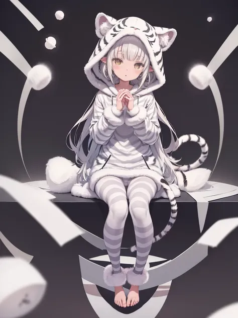 (white tiger kigurumi:1.2), (fluffy and soft fabric:1.4),((Long sleeve, feet cover hands):1.2), (ears and striped hood:1.3), (black-tipped tail:1.3),