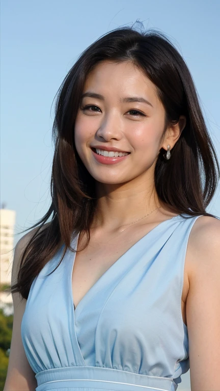 ((Highest quality、8K、masterpiece:1.3))、Photorealistic, Sharp focus, high resolution, High resolution,Portraiture, One person、Japanese、woman, beautiful woman, ((( Sky Blue Dress)))、30 years old, plump, Medium Long Hair,smile