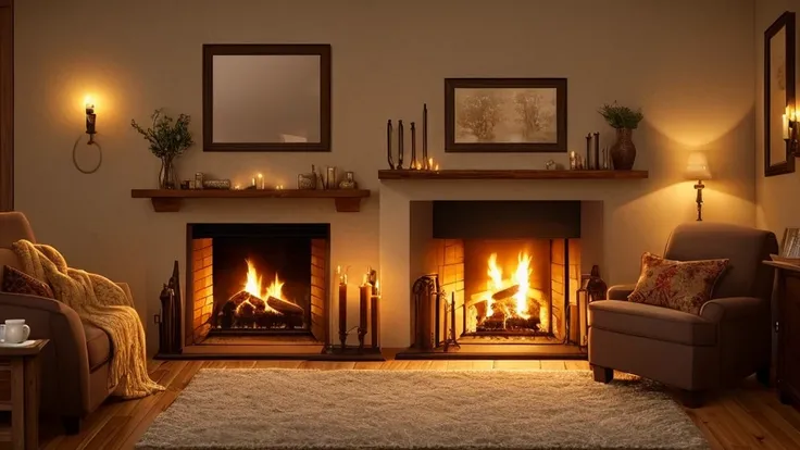 arafed room with a fireplace and a chair in it, cozy place, cozy wallpaper, cozy room, cozy home background, cozy environment, cosy enchanted scene, cozy and peaceful atmosphere, cozy atmospheric, cozy and calm, cozy lighting, warm interior, cozy setting, ...