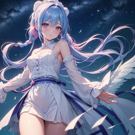 Sky blue hair, (One braided ponytail),(Pink Eyes),Fair skin ,(whole body),(One girl),Angel,Orihime,(Sky Yue),Tanabata,(The Milky Way in the night sky),Hollow Eyes,Blushing,Straight bangs,(masterpiece, Highest quality, Very detailed, Best Shadow), (Detailed...