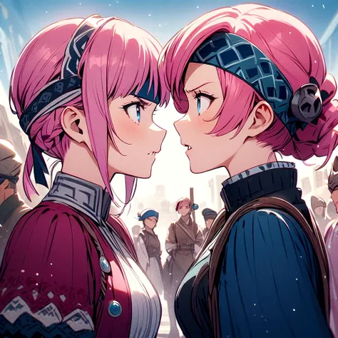 ２People Women、quarrel、quarrel、Looking at each other、insult each other、Angry、Pink Hair、Drill Twin、Headband、blue eyes