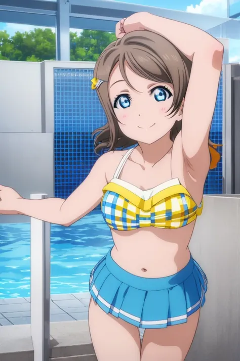 (((pixel-perfect, detail-perfect))), solo, 1girl, you watanabe, eyes azzur, smile, bikini, pool, armpit, big filesize, ultra High Qality