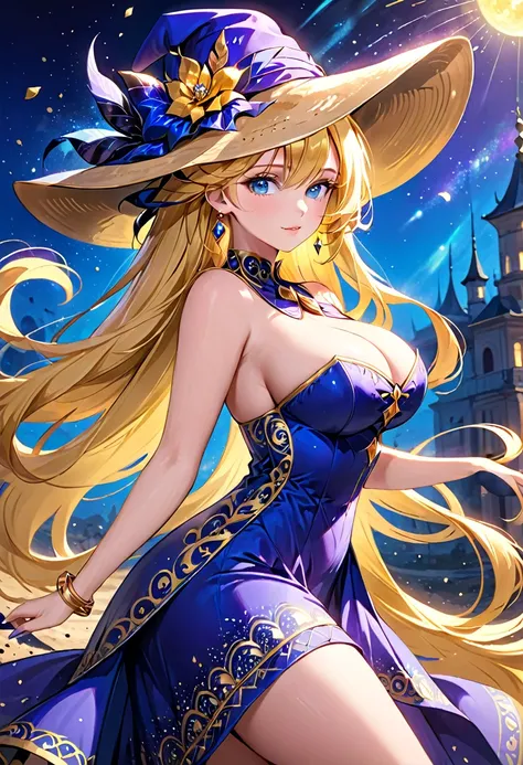 (( straight face picture )) ((best quality)),  ((Masterpiece)), (details), Young woman , yellow hair , Dirt. , blue eyes ,Blue purple set, Gold pattern, wearing a big brimmed hat , Magician , The dress is very beautiful. ,long dress ,big breasts ,Big butt