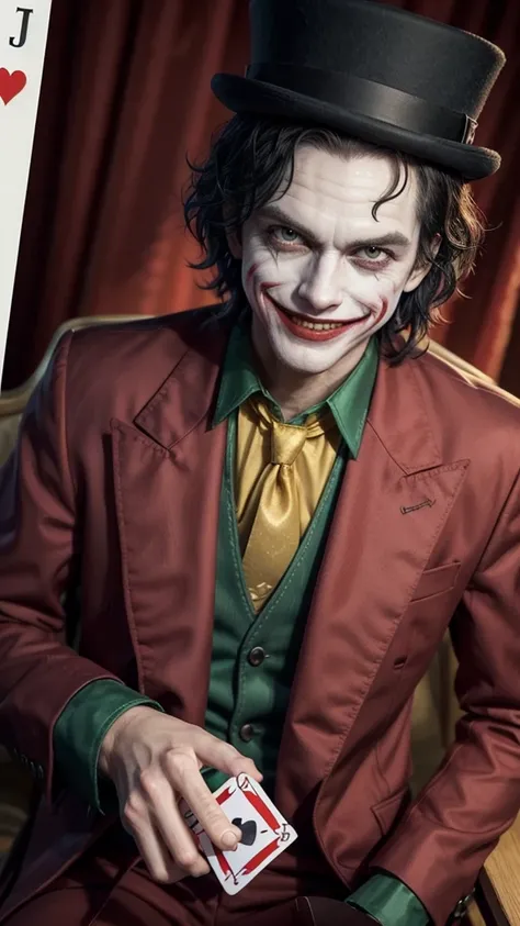 "Draw a joker card from a deck with the following characteristics:

main character: A joker smiling evilly.
Main Colors: red and white.
fund: blackw.
styled: animated cartoon.
The joker must be dressed in typical court jester clothing, with a peaked hat an...