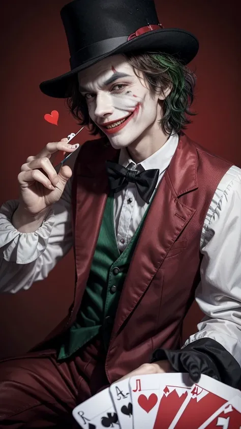 "Draw a joker card from a deck with the following characteristics:

main character: A joker smiling evilly.
Main Colors: red and white.
fund: blackw.
styled: animated cartoon.
The joker must be dressed in typical court jester clothing, with a peaked hat an...