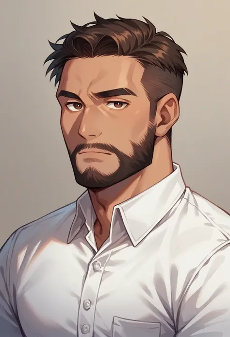 Create a 30-year-old man with a beard, intellectual style, brownish skin, re-turned nose, Brown eyes, defined lips, dark brown hair, straight, Modern hairstyle, with a basic white shirt