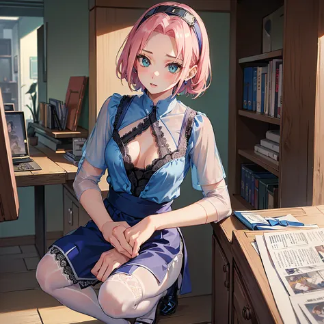 (best quality)), ((Masterpiece)), (Detailed), Perfect Face,1girl,harunoshipp, hairband, forehead protector,(office, bookshelf,office lady,milf,
( blue lace sheer shirts:1.3),(short sleeves:1.1),white panties, sheer leggings, shirt, skirt,
squatting,