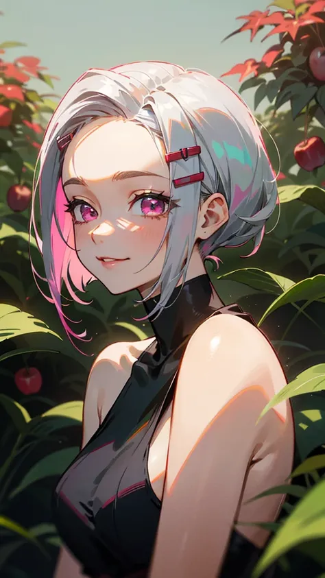 17-year-old female、Silver and bob short hairstyle, Tie your hair up with a hair clip, Pink Eyes、、Big smile、one piece、(High Top Fade:1.3)、Dark Theme、Calm colors調、Calm colors、High contrast、Green meadow background、Taste autumn fruits、apple、(Natural skin textu...