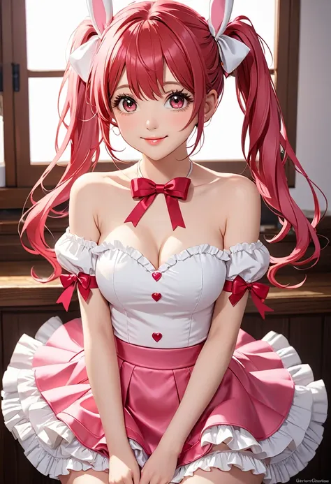 ((Highest quality)), ((masterpiece)), (be familiar with), Perfect Face, Big eyes, eyelash, The sparkling light of the eyes, (What to do?), (used), red eyes, bunny ears, pink twintail hair, dice hair ornament, red hair ribbon, pink ribbon, pink bow, (bare s...