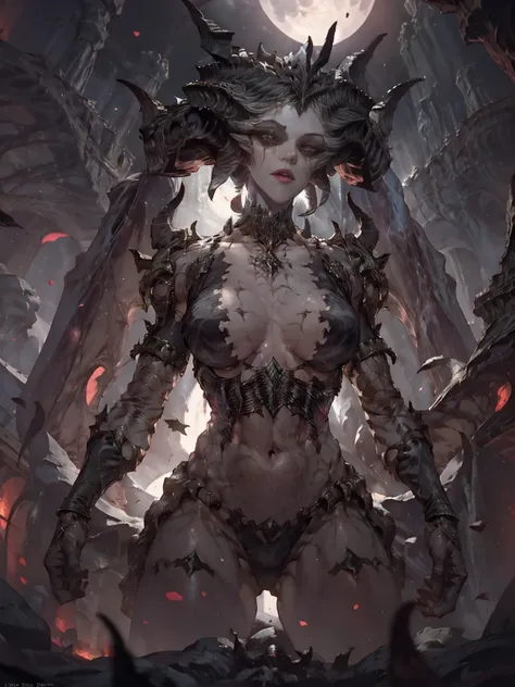 a fantasy image, a cave full of bones and skulls, it should show a faint moonlight, in the center of the image there should be a woman with long bat wings and long horns, the background should be a clear night sky with a moon red behind.