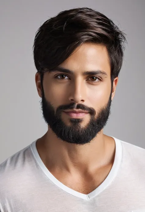 Create a 30-year-old man with a beard, intellectual style, brownish skin, re-turned nose, Brown eyes, defined lips, dark brown hair, straight, Modern hairstyle, with a basic white shirt