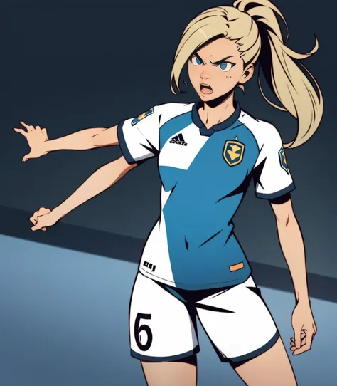 white female soccer player posing, simple background , angry 