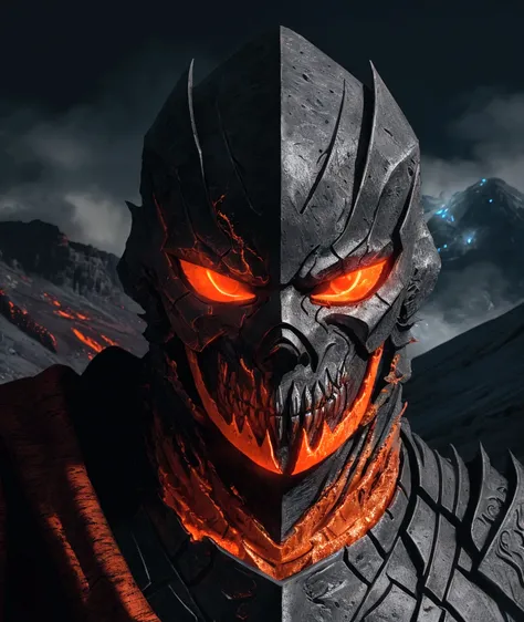 (extremely detailed 8k wallpaper), a medium shot photo of  Grim dressed as a scary masked lava-supervillain in an orange armour made of white glowing armour from marvel, theme, intricate, high detail, dramatic, mountain with lava running down the mountain ...