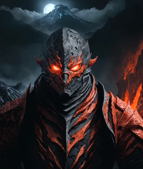 (extremely detailed 8k wallpaper), a medium shot photo of  Grim dressed as a scary masked lava-supervillain in an orange armour made of white glowing armour from marvel, theme, intricate, high detail, dramatic, mountain with lava running down the mountain ...