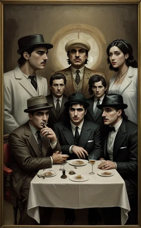 Last Supper painting with Al Capone and The Godfather and sitting and Thomas Shelby and beloved Carrillo Fuentes The Lord of the Skies and Pablo Escobar