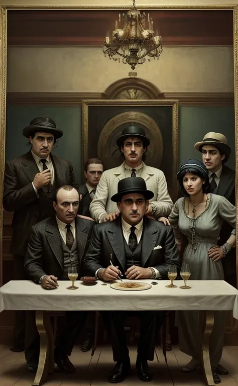 Last Supper painting with Al Capone and The Godfather and sitting and Thomas Shelby and beloved Carrillo Fuentes The Lord of the Skies and Pablo Escobar