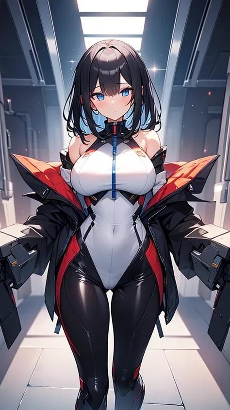 (Highly detailed CG Unity 16k wallpaper,masterpiece, Biological, whole body),(Best lighting, Best Shadow, Very delicate and beautiful),(One girl),blue eyes, Big Breasts, Black Hair,Red and black off-the-shoulder revealing high-cut SF bodysuit,レオタードの服,Neck ...