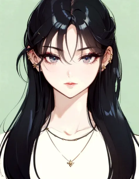 beautiful girl, black hair, gray eyes, cool, office, discreet, elegant, attractive, magical, manhwa