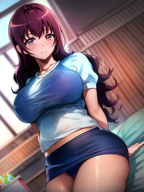 Cinema Lighting、high quality、School classroom、Sit at a desk、Look up shyly、((See-through short-sleeved gym uniform))、((Large Breasts))、Staring at thick hair)、Pointed Mouth、Change of clothes、Tight white underwear、Healthy Thighs