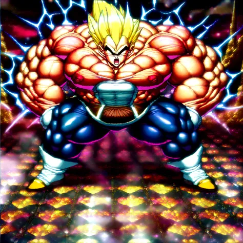 1boy, Vegeta, from Dragon Ball Z, saiyan, (yellow hair:1.5), spiky hair, blue eyes, (blue skintight pants), white gloves, white boots with brown tips, good posture, shirtless, nipples, abs, straddle stance, (huge muscles:2), yellow aura, electricity, Drago...