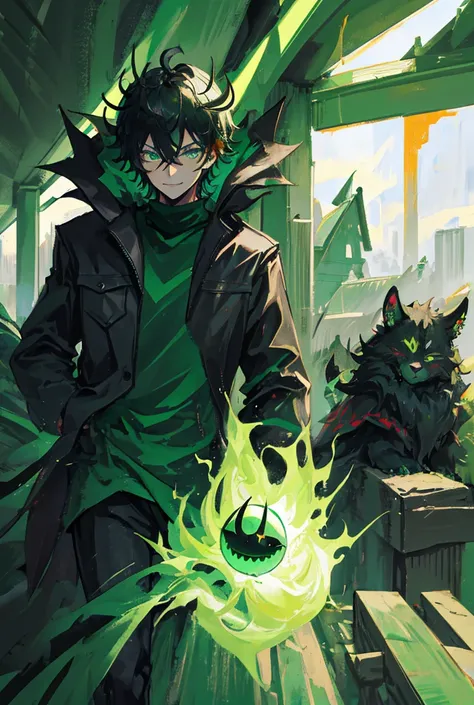 A man with dark, spiky hair,with bright green eyes , a completely black mask covering half of your face, and an evil smile,two green horns made of energy,a dark coat