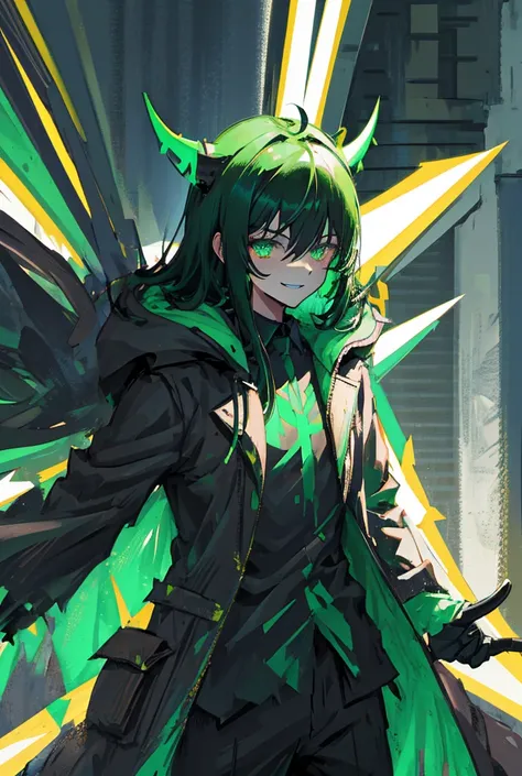 A man with dark, spiky hair,with bright green eyes , a completely black mask covering half of your face, and an evil smile,two green horns made of energy,a dark coat