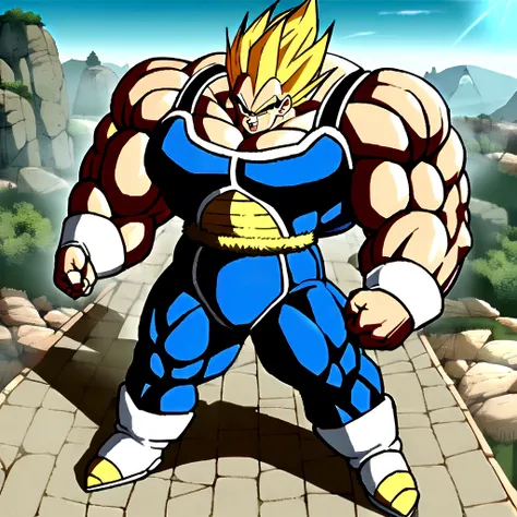 1boy, Vegeta, from Dragon Ball Z, Vv2essjnss, yellow hair, spiked hair, green eyes, male focus, straddle stance, (huge muscles:1.8), full body, yellow aura, electricity, Dragon Ball Z artstyle, in the style of Akira Toriyama, white tiled floor, outdoors, f...