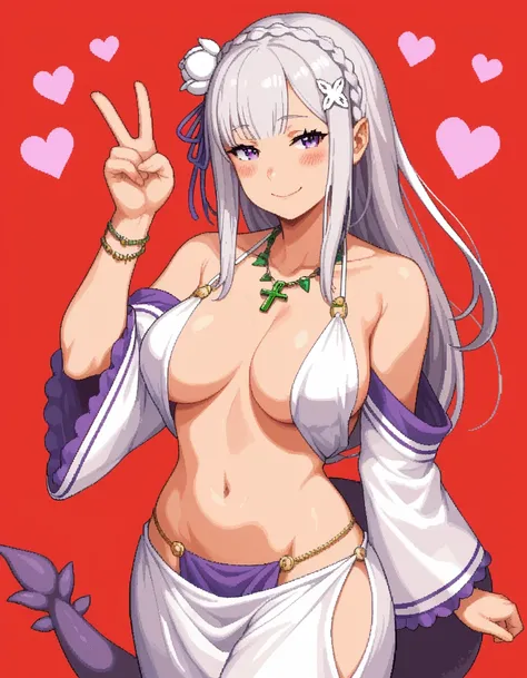 score_9, score_8_up, score_7_up, rating_safe, 1girl, solo, Pixel_Art,
Re:Zero, Emilia, purple eyes, white hair, long hair, side bangs, big breasts, revealing clothing, harem outfit, collarbone, backless, topless, cross halter, necklace, loose sleeves, brac...