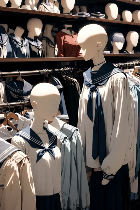 A neckless mannequin wearing a sailor fuku on a clothing store shelf