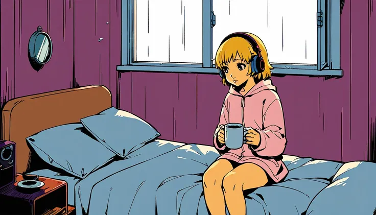 lofi song, sitting on the bed. looking at the window, having a coffee. listening to music on headphones, while looking out the w...