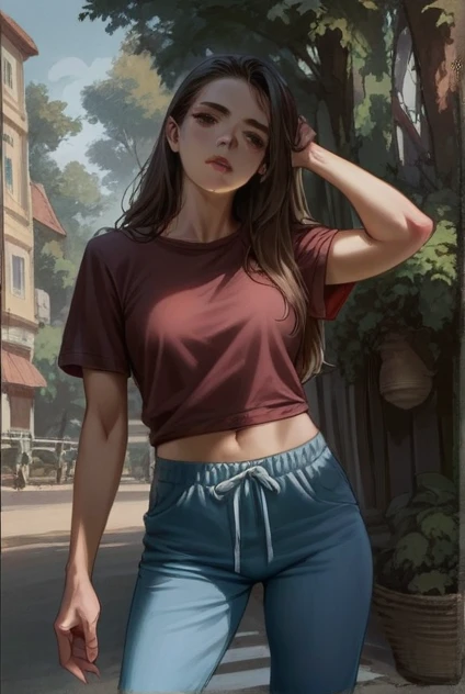 RAW, realistic, 19 year old woman, cute face, quite slim, red teeshirt with sweatpants