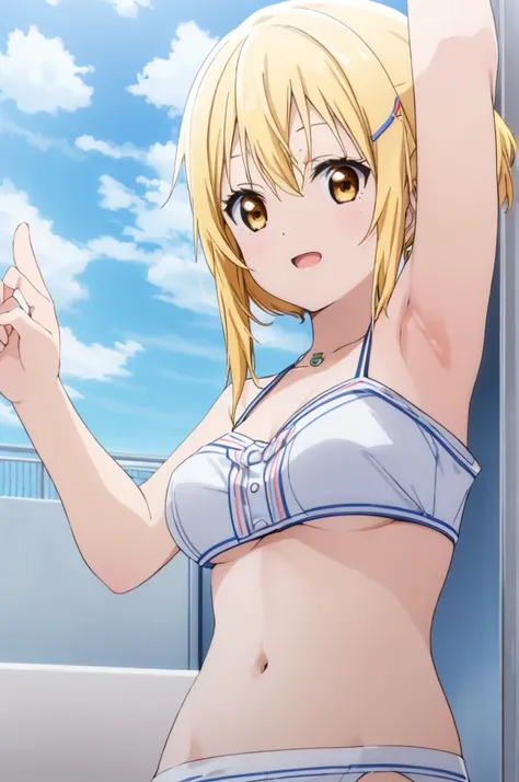 (((pixel-perfect, detail-perfect))), solo, 1girl, miyashita ai, normal face, eyes yellow, hair blonde, pool, bikini, armpit, large extreme filesize, ultra High Qality