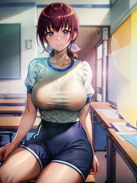 Cinema Lighting、high quality、School classroom、Sit at a desk、Look up shyly、((See-through short-sleeved gym uniform))、((Large Breasts))、Staring at thick hair)、Pointed Mouth、Change of clothes、Tight blue bloomers、Healthy Thighs