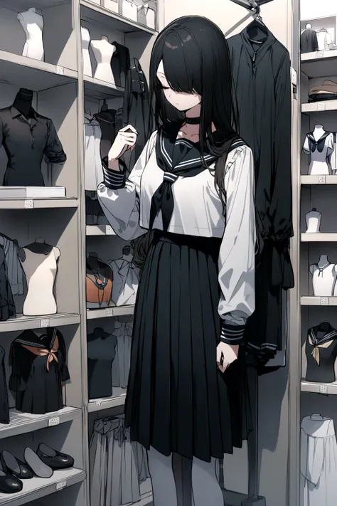 A mannequin wearing a sailor fuku black on a clothing store shelf