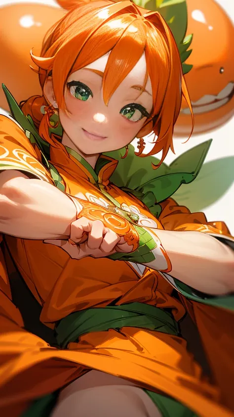 1 Girl、8K、Sharp focus、(Bokeh) (Highest quality) (Detailed skin:1.3) (Intricate details) (anime)、Orange clothes、Orange Hair、ponytail、Beautiful green eyes、Wicked Smile、Loincloth、Shrimp mascot、Upper body close-up