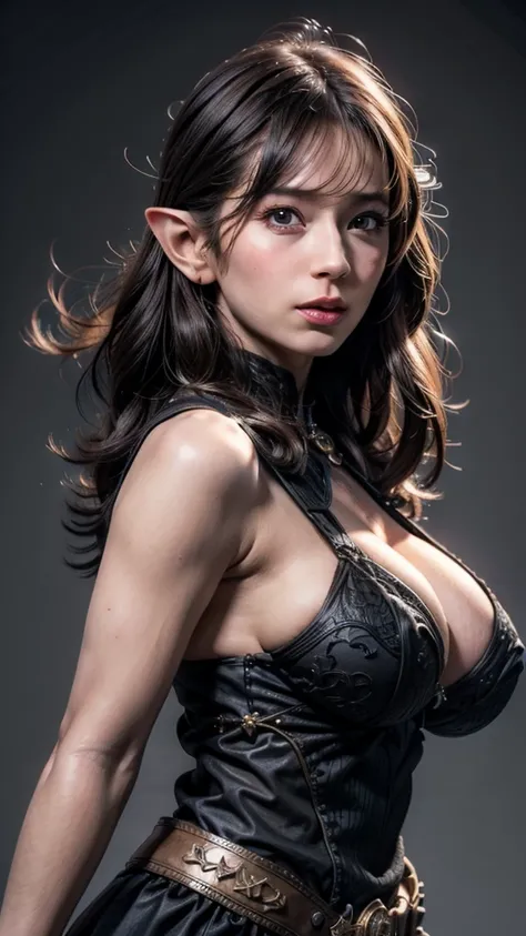 ((Beautiful Face:1.4)), (Purelos Face_v1: 1.0), Half Body,((White simple background)),Super detailed beautiful elf girl 30 years old. ((Ultra-high resolution:1.2)), 4K, 8K, Cinematic,(Natural big breasts:1.4)